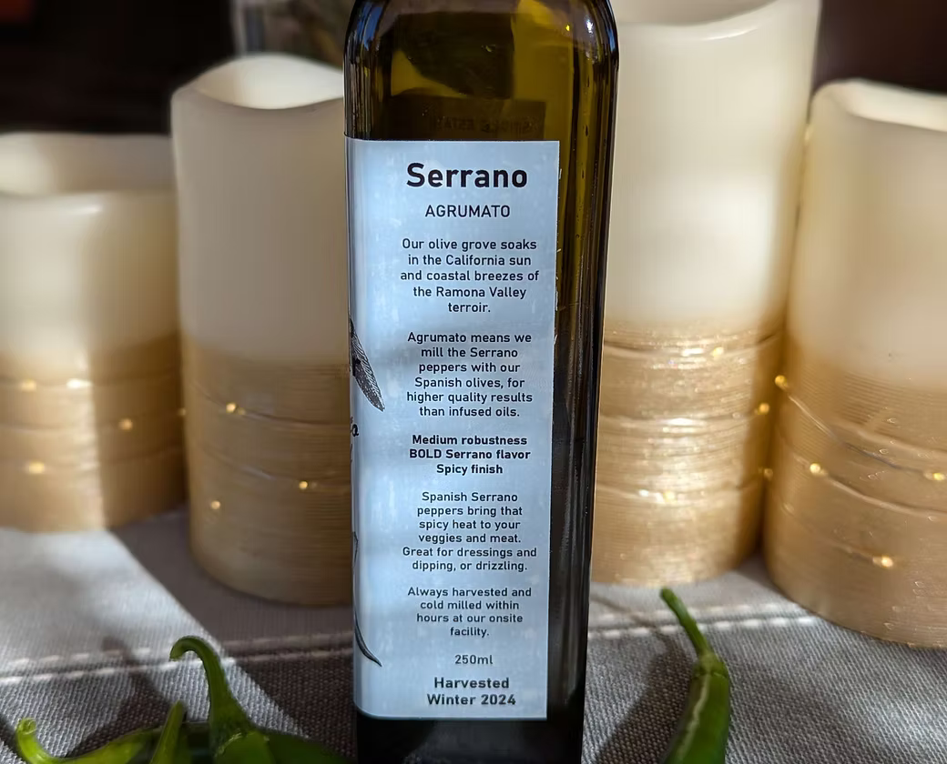 Organic Serrano Pepper Olive Oil - Single Bottle 250ml - 2024 Harvest